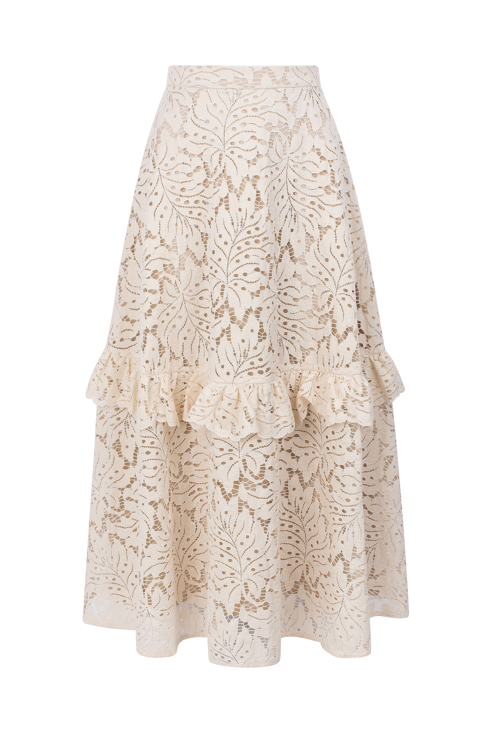 Saia midi de renda com folhos - Bege baunilha - Edição limitada
