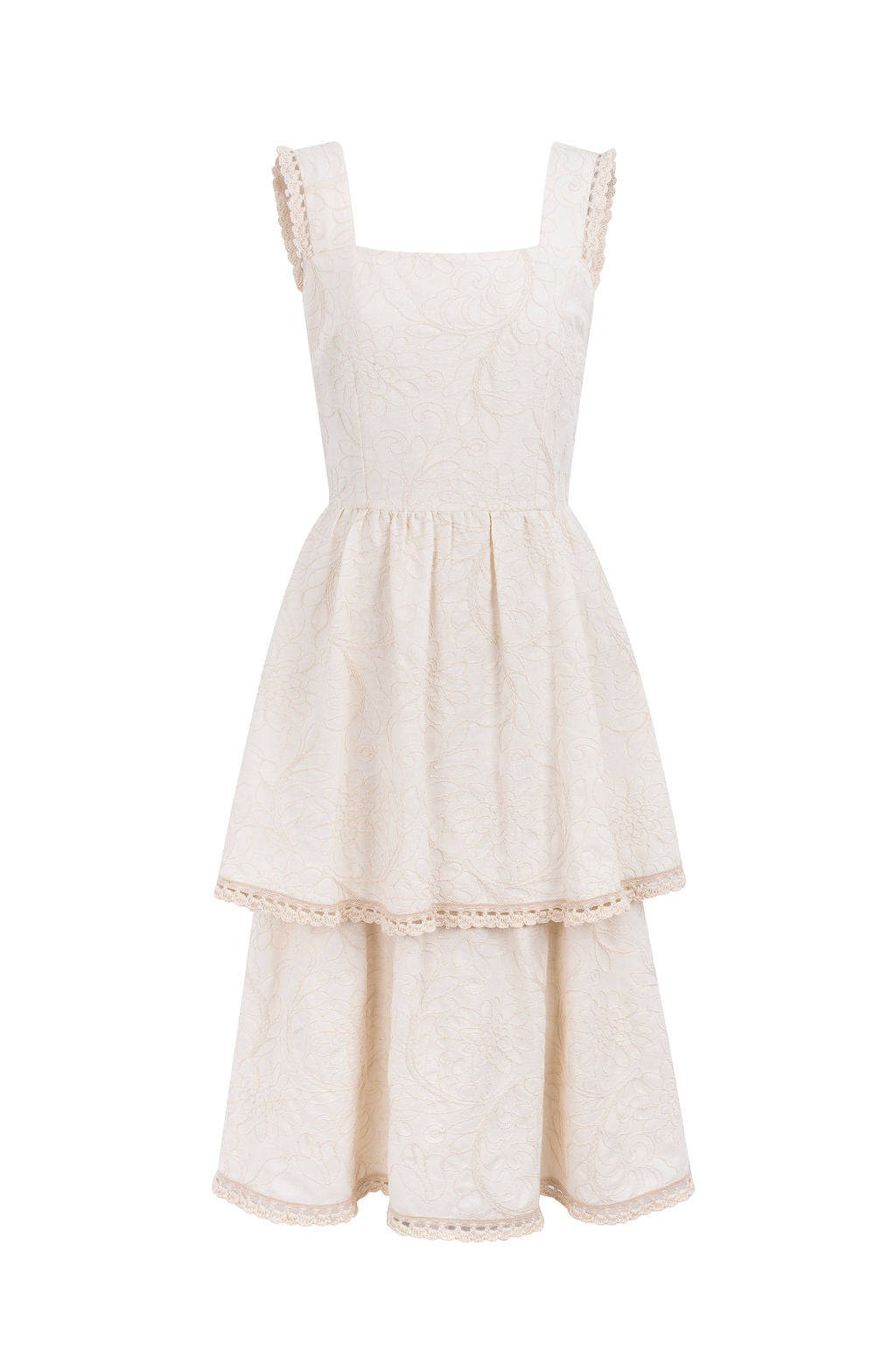 VESTIDO BORDADO CAMADAS MIDI CROCHÊ LUISA - BEGE