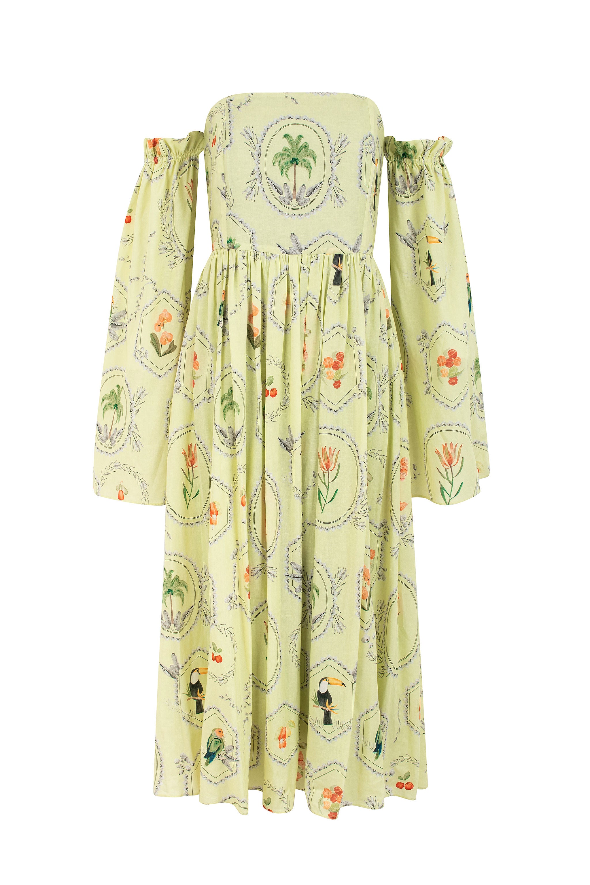 Vestido midi estampado sem alças – mangas removíveis – verde menta