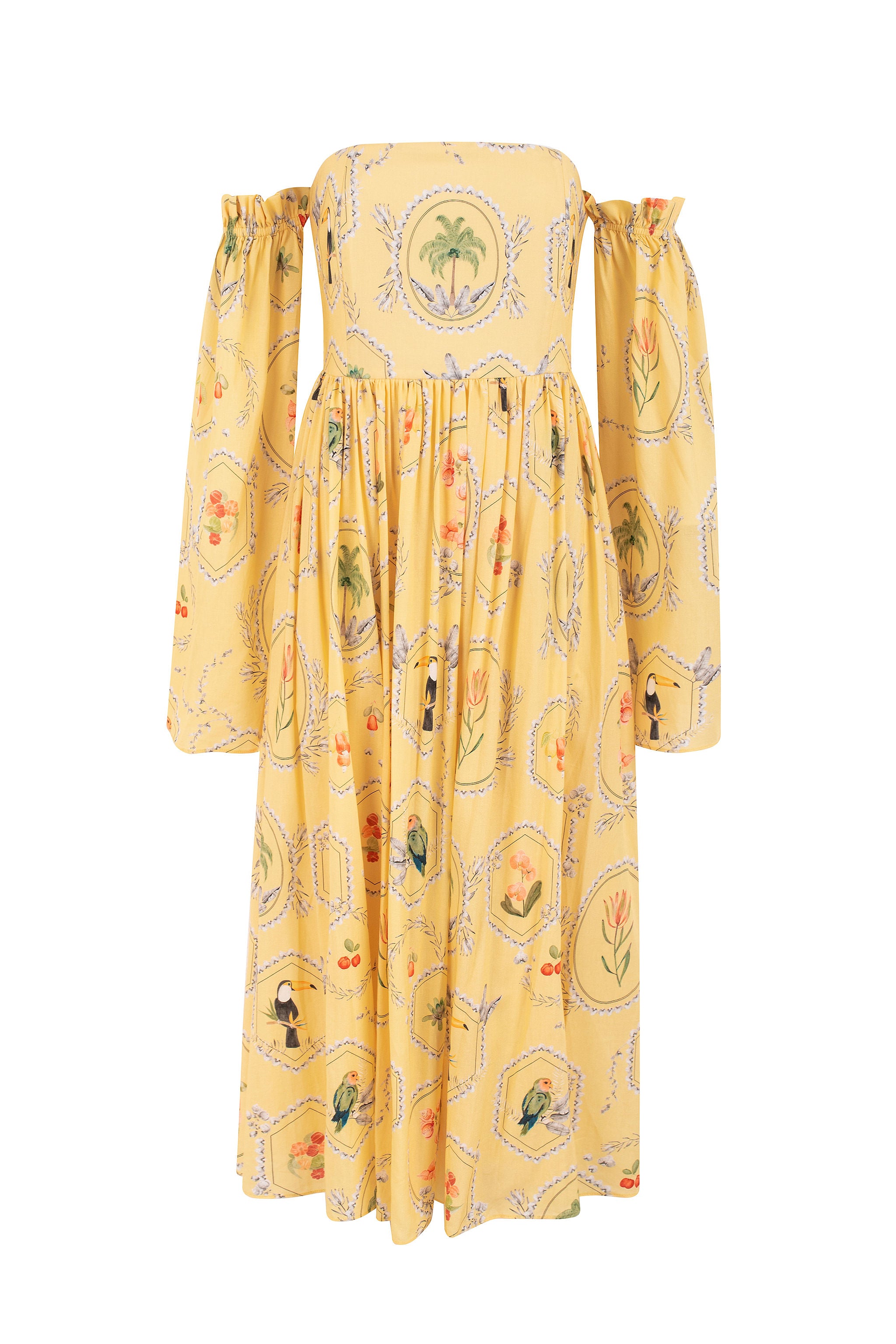 Vestido midi estampado sem alças – mangas removíveis - Amarelo manteiga