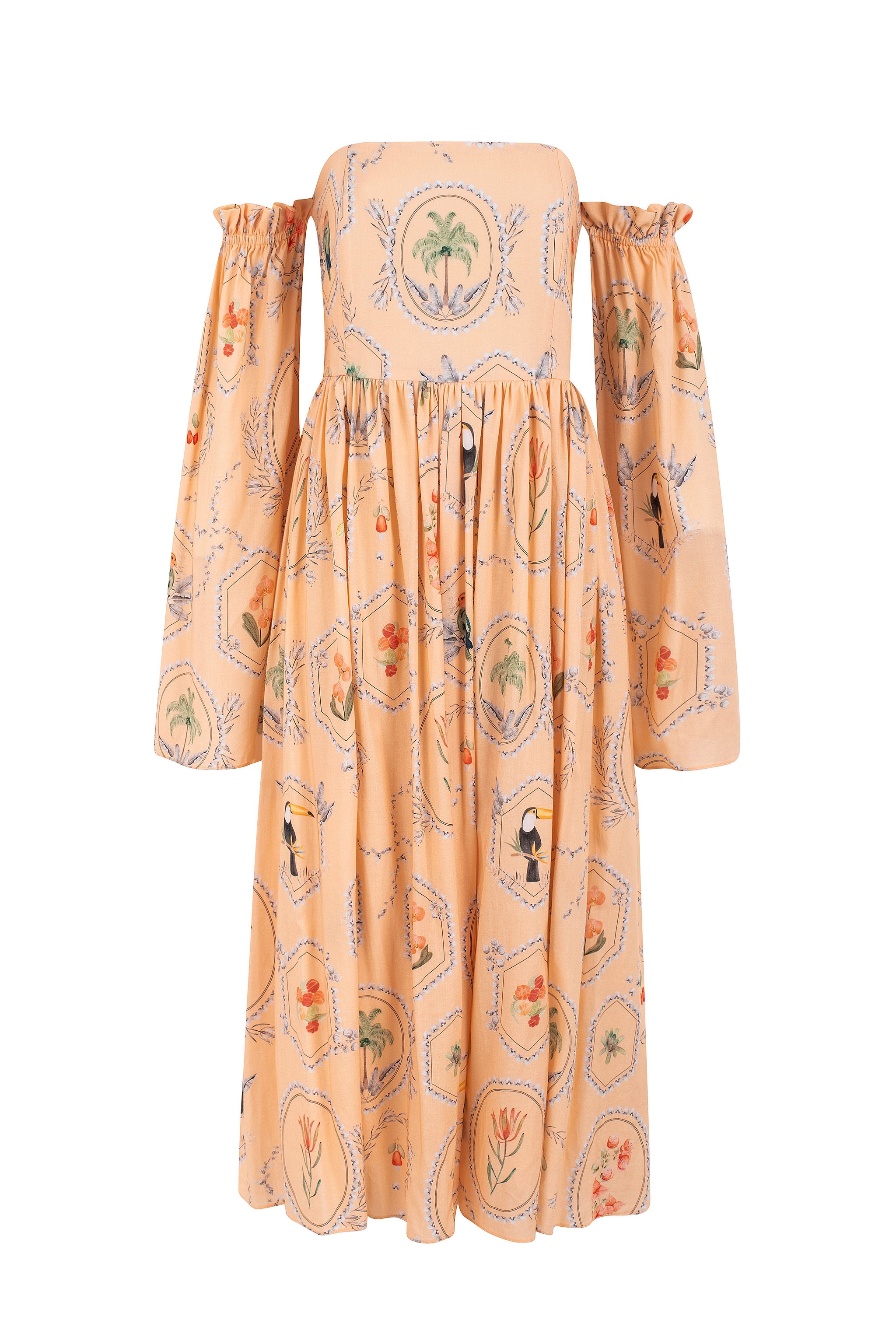 Vestido midi estampado sem alças – mangas removíveis – Rosa Pêssego