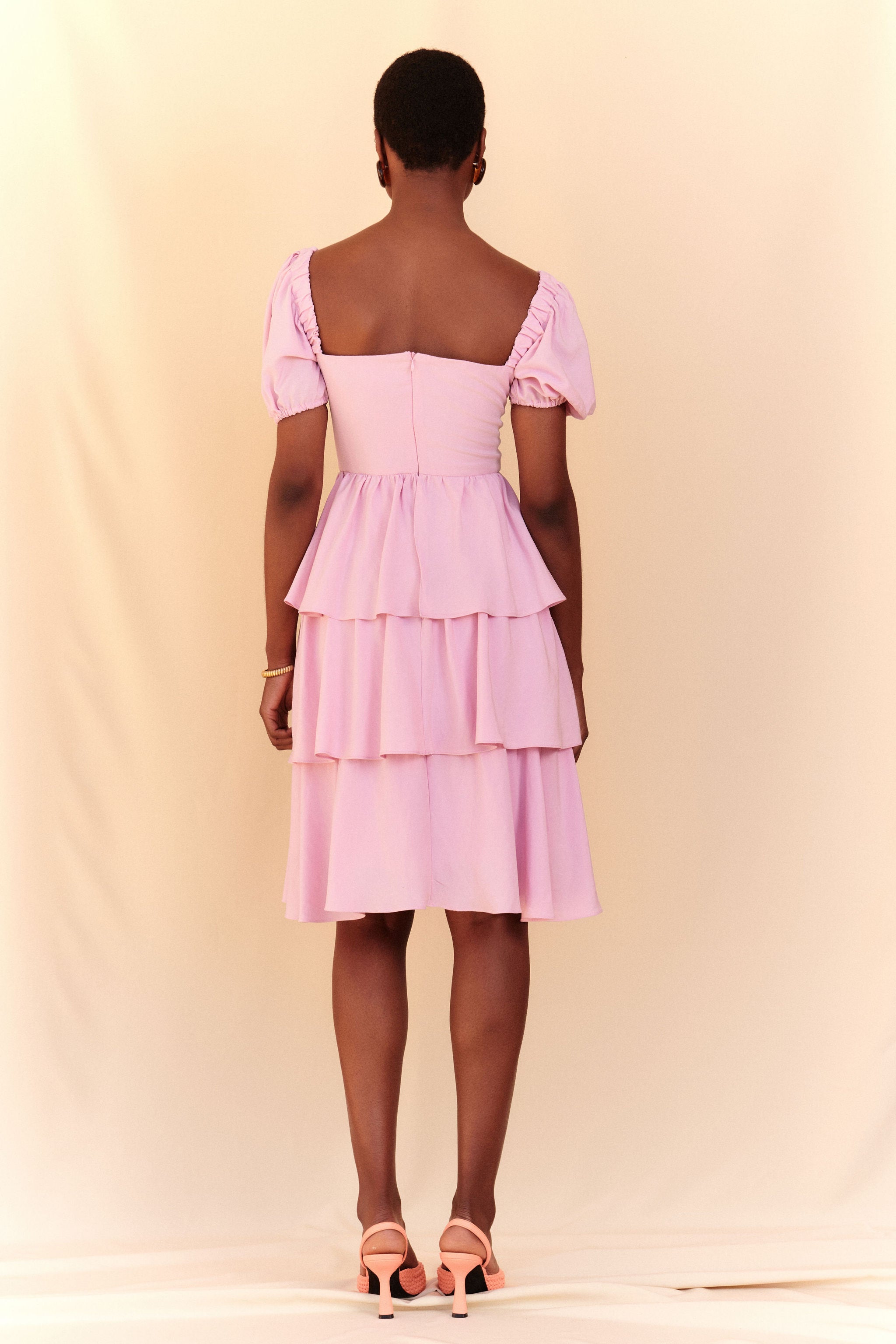 Vestido Floral 3D Folhos - Rosa Lavanda