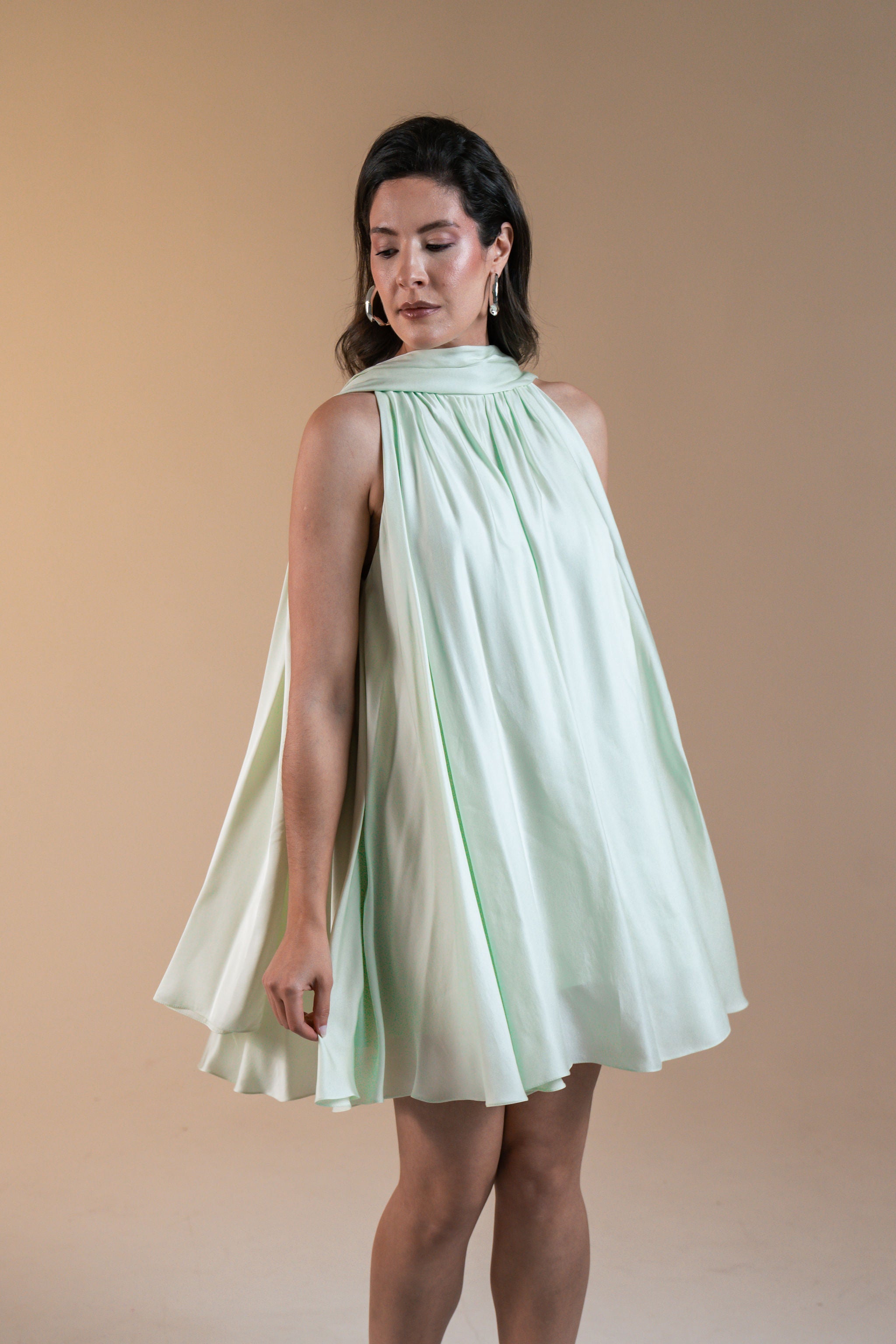 Vestido Lenço curto Viscose Cetim - Verde água