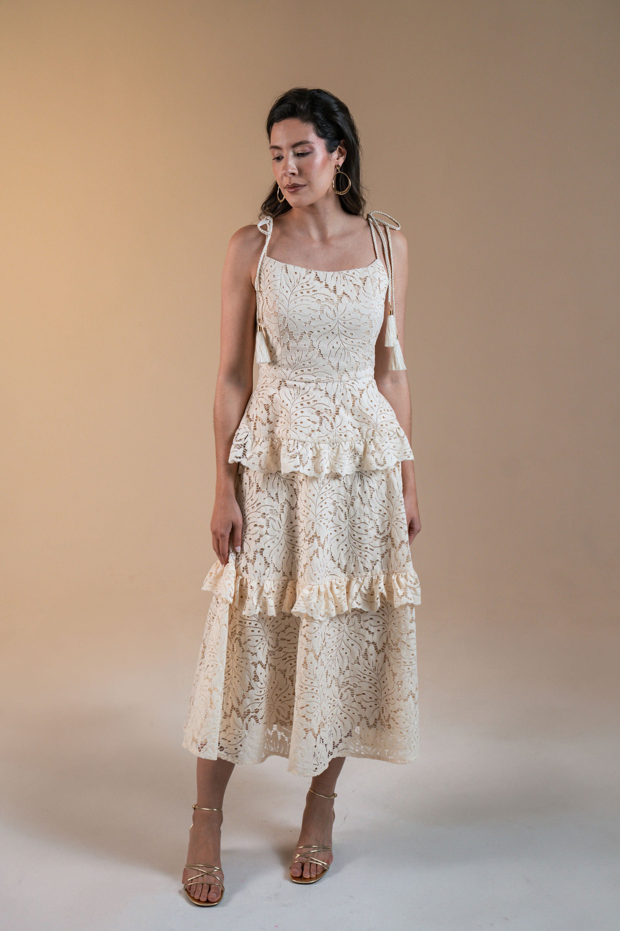 Saia midi de renda com folhos - Bege baunilha - Edição limitada